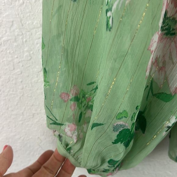 Zara floral metallic gold detail sheer button tie blouse M - Picture 10 of 11